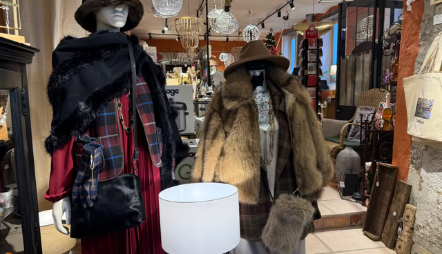 Deux mannequins vêtus de manteaux d'hiver et de chapeaux dans un magasin, entourés de divers objets décoratifs et d'éclairage.
